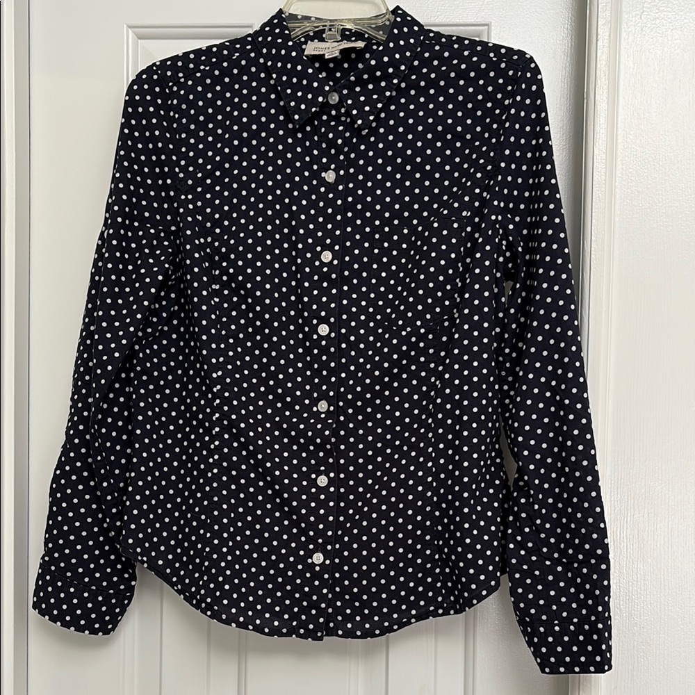 Jones New York Navy Blue and White Polka Dot Shirt